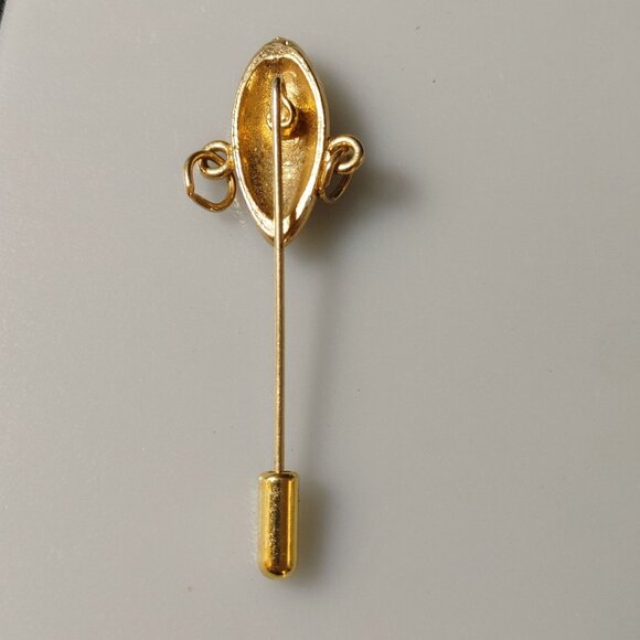 Art Deco Tribal Face Mask Label Stick Pin Gold Tone Unique Dangle Design 2 Inch - Picture 8 of 10